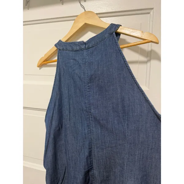 Banana Republic Blue Denim Halter Dress Ruffle Bow Shift Pockets Sleeveless - Image 8