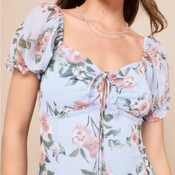 Lulus Precious Perspective Light Blue Floral Puff Sleeve Mini Dress - Image 3