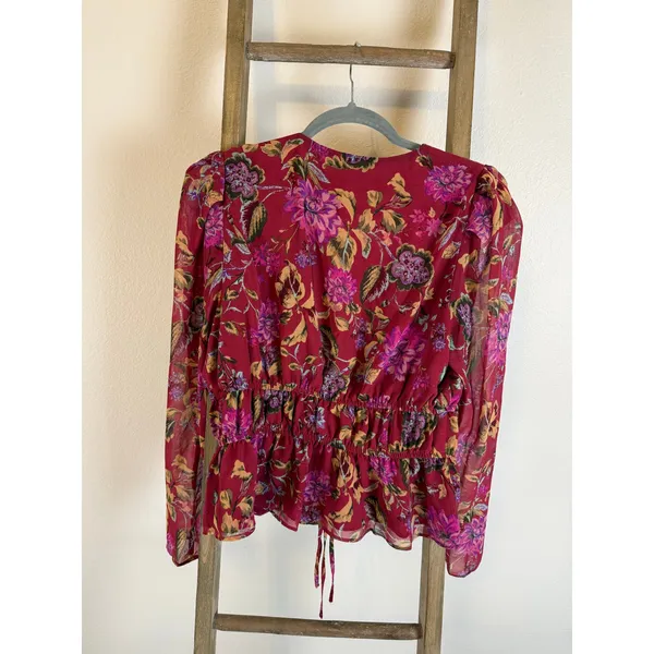 WAYF Cropped Long Sleeve Red Floral Tie Front Open Elastic Waist Blouse Size L - Image 3