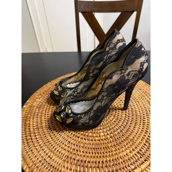 Lulu Townsend Womens Black‎ Lace Crystal Embellished Peep Toe pump size 8 - Image 7
