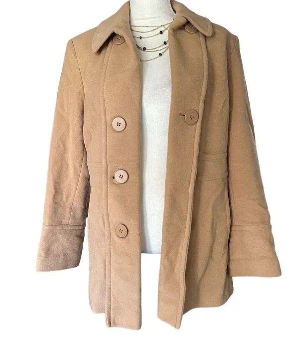 Gallery Camel Tan Color Wool Blend Pea Coat Size M Fall Winter - Image 6