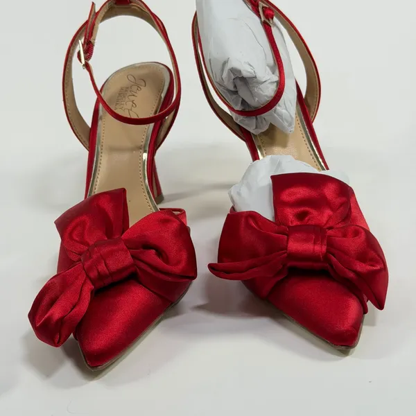 Jewel Badgley Size-7.5 Womens Mischka Francine Red Satin Bow Ankle Strap Pumps - Image 7