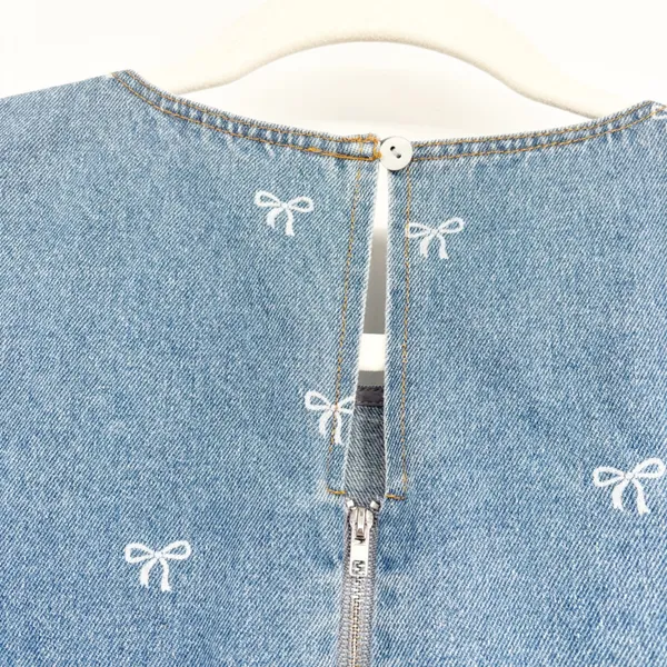 She + Sky Womens Bow Print Tiered Puff Sleeve Babydoll Denim Mini‎ Dress Size M - Image 9
