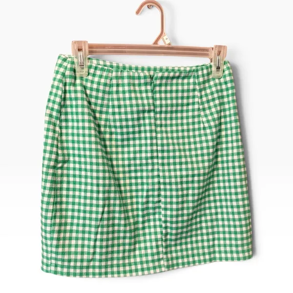 Mini Skirt Womens 7 Green Gingham Excellent Front Slit High Waist - Image 3