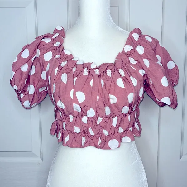 Zara Smocked Polka Dot Linen Crop Top Off-Shoulder Size Small - Image 2