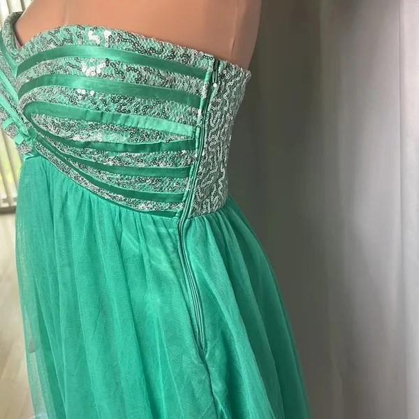 Sequin Hearts Green Strapless Sequin Tulle Fit Flare Dress Lace Up Back Size 5 - Image 4