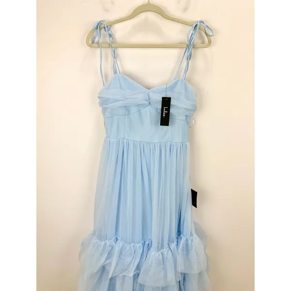 Lulus Endlessly Darling Light Blue Mesh Tiered Tie-Strap Maxi Dress Large NWT - Image 6