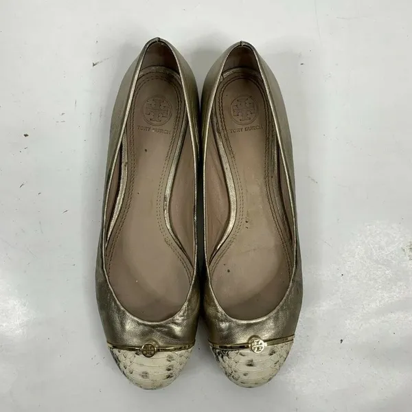 Tory Burch Size 9 Bar Logo Ballet Flat Champagne Natural Odyssey Karajah‎ Print - Image 7