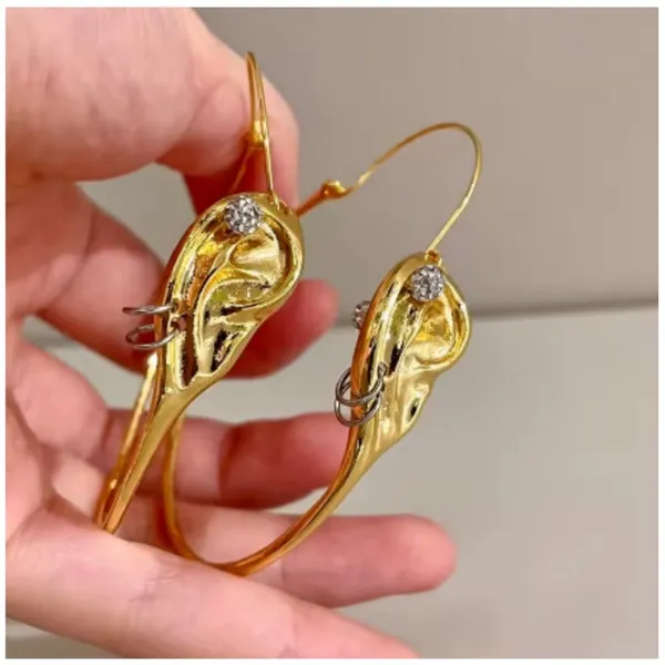 Schiaparelli Style Surrealist Ear Hoop Earrings Gold Tone Statement Dangle - NEW - Image 2