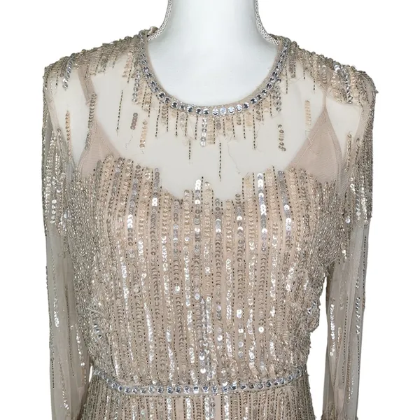 Mac Duggal Rose Gold Sequin Beaded Illusion Trumpet Gown Size 8 NWT FLAWED - Image 6
