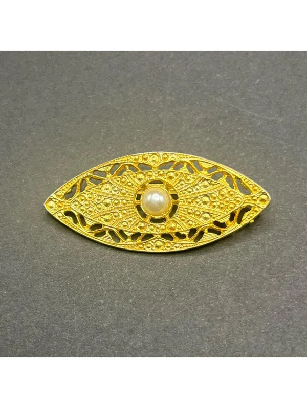 2.5" Gold Tone Evil Eye Brooch Pearl Center Filigree Vintage Style - Image 2