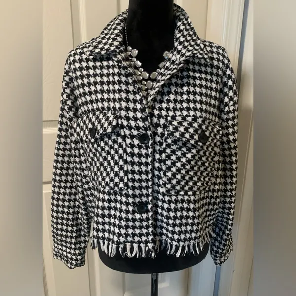 SO Houndstooth Fringe Trim Cropped Jacket Size XL - Image 2