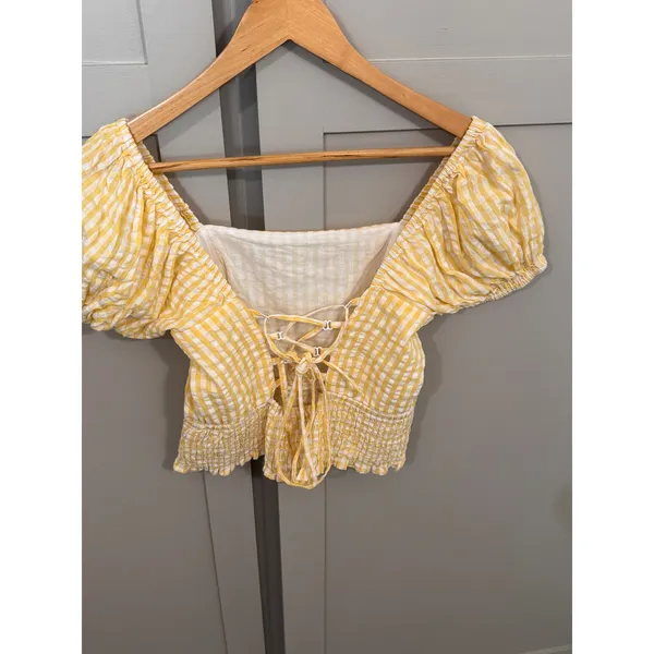 Yellow‎ Gingham Puff Sleeve Crop Top Cotton Smocked Lace Up Back Blouse Womens - Image 2