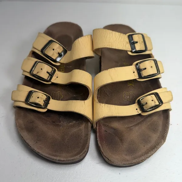 Birkenstock 39 8 Sandals Florida Leather Yellow Triple Strap Slide Germany - Image 6
