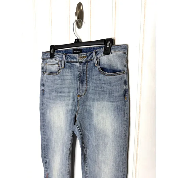 Driftwood Farrah Flare Jeans Faux Suede Patchwork Light Wash Blue Size 31 - Image 5