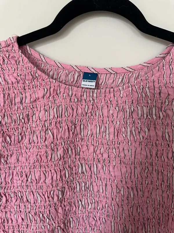 Old Navy Smocked Puff-Sleeve Flare Mini Dress Pink Striped Size L - Image 2