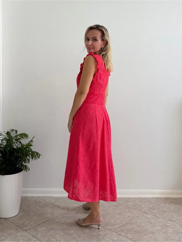 NWT Maggy London Coral Eyelet Midi Dress Size 6 Ruffle V-Neck - Image 2