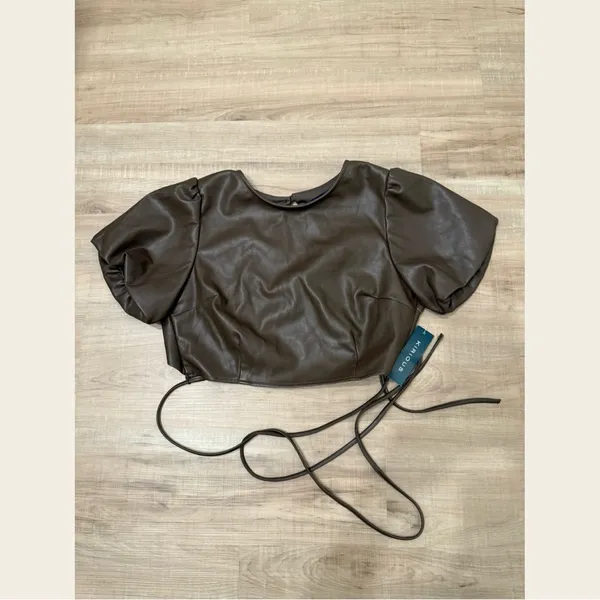 Faux Leather Brown Puff Sleeve Crop Top, NWT - Image 2