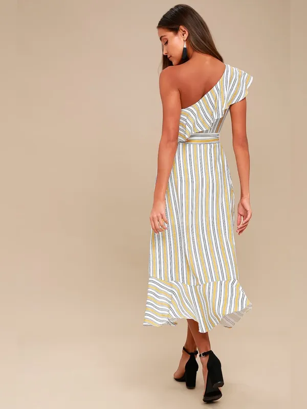 Lulus High Tide Yellow Striped One Shoulder Midi Dress Size Small - Image 3