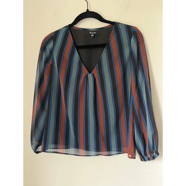 Madewell Sheer-Sleeve Top in Academy Stripe Color Winter Architect Green sz. XXS - Image 4