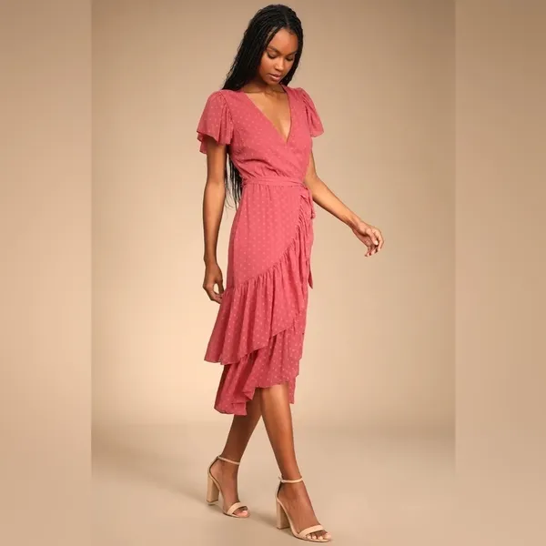Lulus Have Harmony Swiss Dot Ruffled Faux Wrap Midi Dress in Mauve Size Medium‎ - Image 2