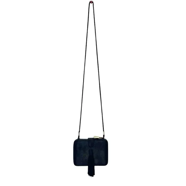 Jessica McClintock Black Satin Box‎ Clutch Purse Tassel & Rope Strap Evening Bag - Image 4