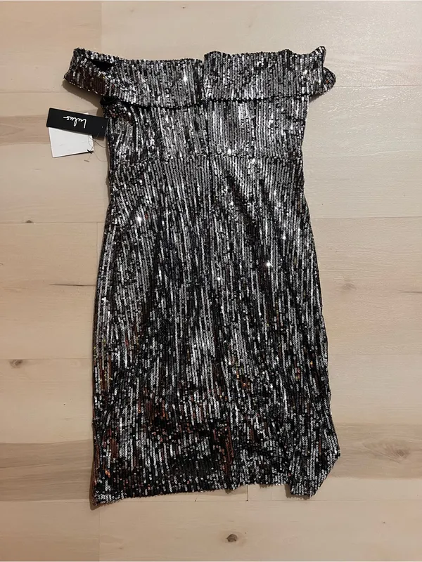 Lulus NWT Women Small Shiny Silver Off the Shoulder Sequin Mini Party Dress - Image 6