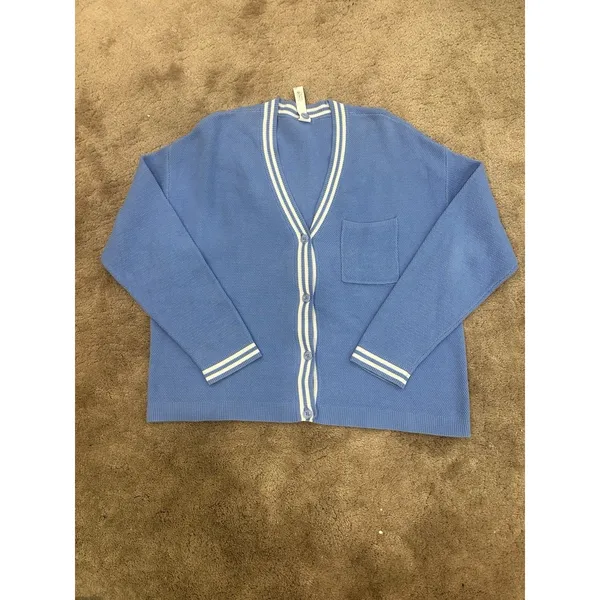 ALO Yoga Tennis Club Sweater Knit Cardigan Crystal Clear Blue/White Sz L Preppy - Image 4