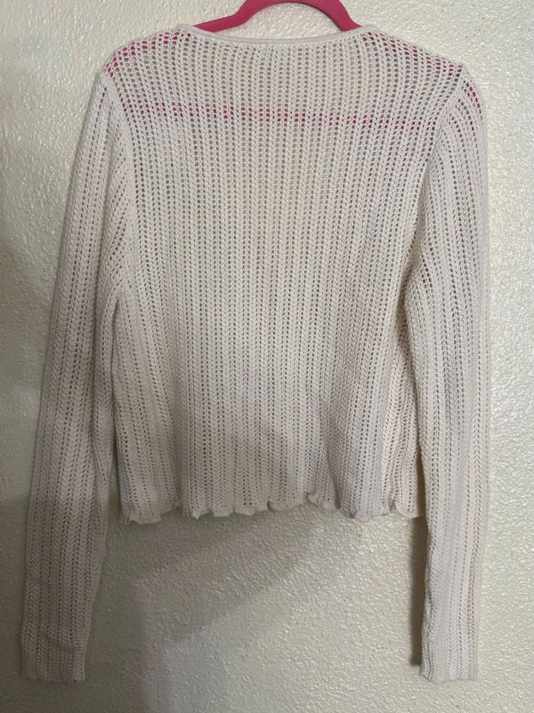 Abercrombie & Fitch Cream Open-Knit V-Neck Cropped scalloped Sweater Size XL NWT - Image 4