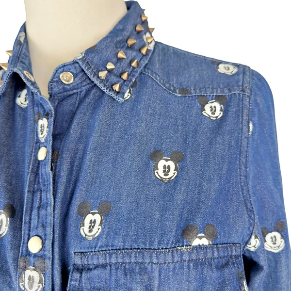RARE Disney x Kook n Keech Denim Mickey Studded Snap Button Shirt *FLAW* - Image 2