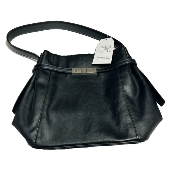 Time & Tru Dalton Shoulder Bag Black Faux Leather Purse Silver Belt Hardware NWT - Image 5