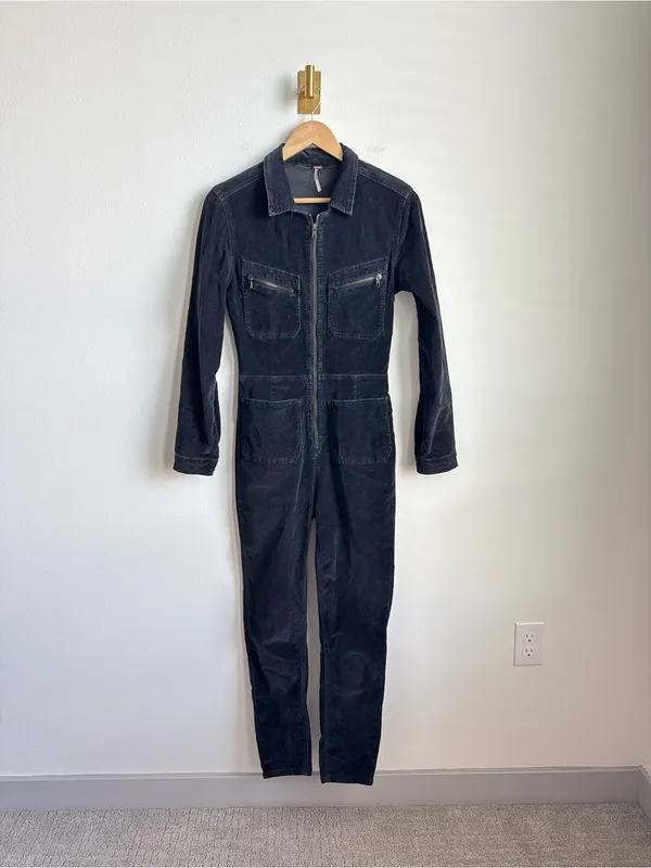Free People Corduroy Jumpsuit Black Utility Zip Front Coveralls Small - Image 4