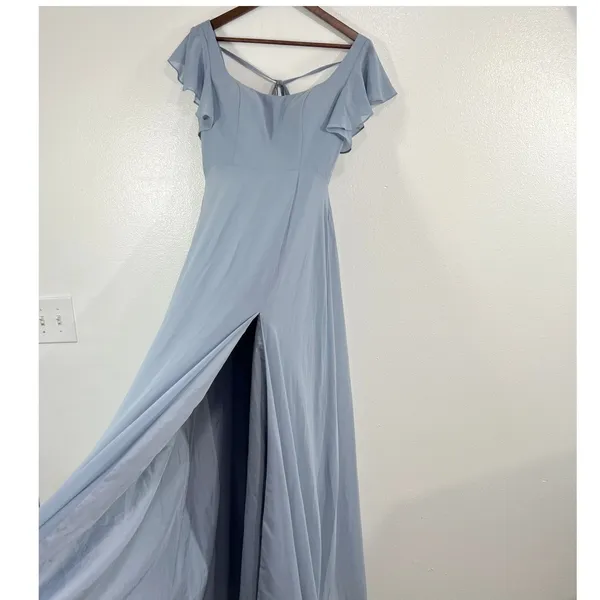 Azazie Womens A6 Dusty Blue Chiffon Flutter Sleeve Floor Length Bridesmaid Dress - Image 7