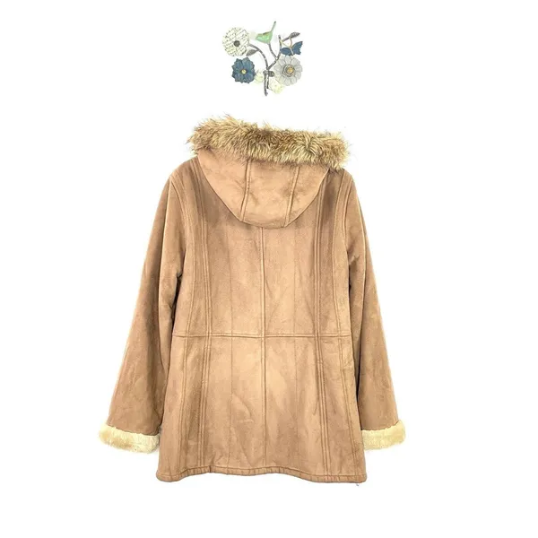 Gallery Women’s Jacket Faux Suede Leather Faux Fur Beige Size Large Hooded - Image 5