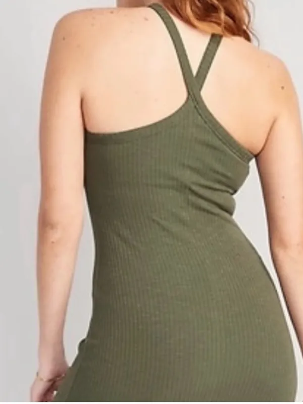 Halter Ribbed Midi Dress Shelf Bra Fitted Women's Rib Knit Green Bodycon M NWT - Image 5
