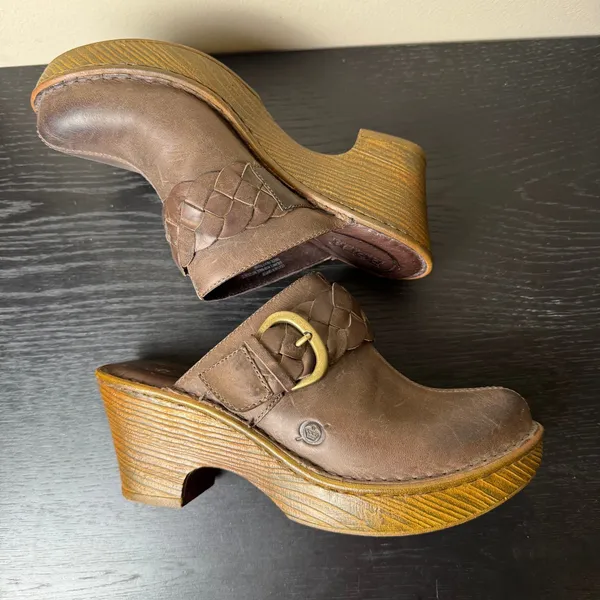 Born Brown Chunky Leather Braided Buckle Platform Clogs Mules Heels Womens 7 - Image 5