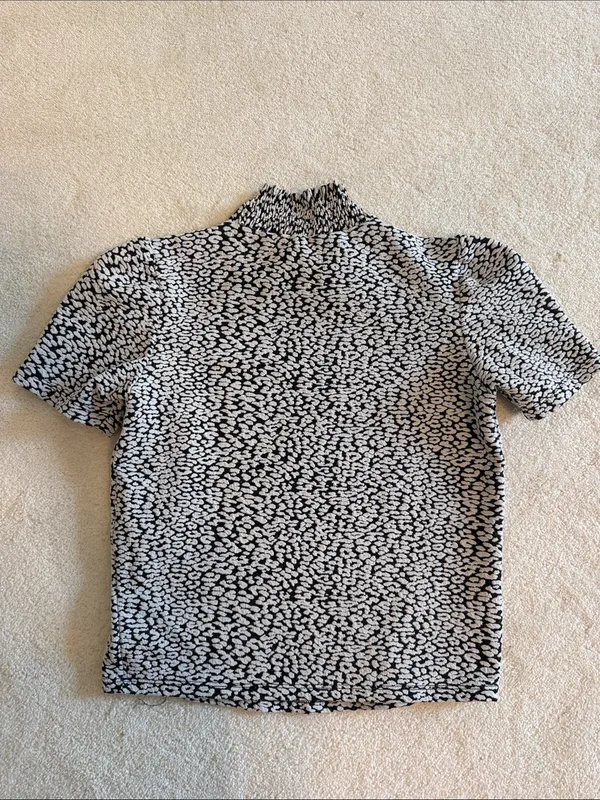 Zara Black & White Leopard Textured, Patterned Short-Sleeve Mock Neck Shirt - Image 6