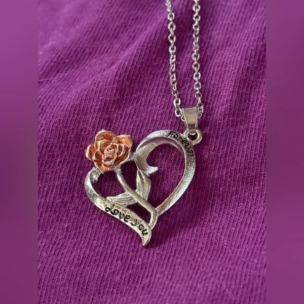 Sterling Silver Heart Necklace with Rose Gold Rose Accent 🌟 - Image 4