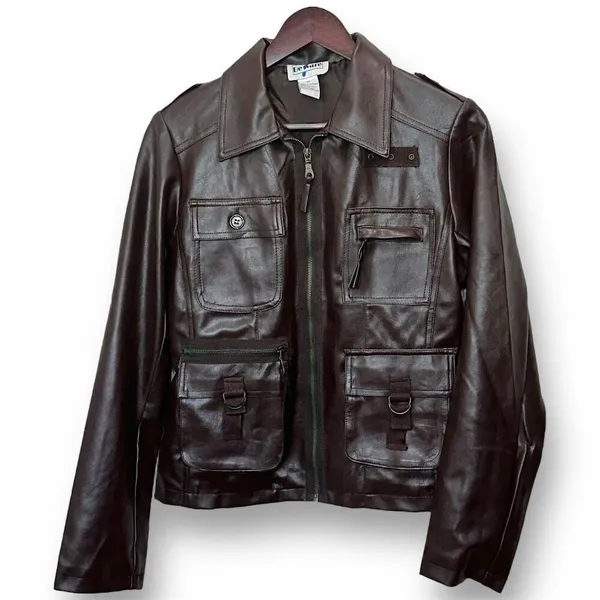 NEW Beware Women's Brown Utility Jacket Size M Faux Leather Biker Military‎ - Image 2