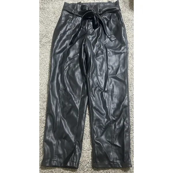 Lucy Paris Womens Faux Leather Paperbag-Waist Pants Black Belted Size Small - Image 2
