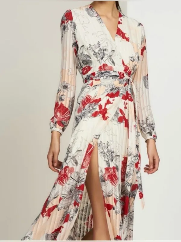 Anthropologie Hutch Giselle Floral Chiffon‎ Wrap Maxi Dress Red Jardin Sz Medium - Image 6