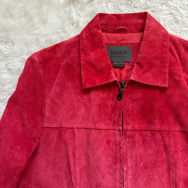 Vintage Uniform Jacket 100% Leather Suede Zip Up Red 8 - Image 5
