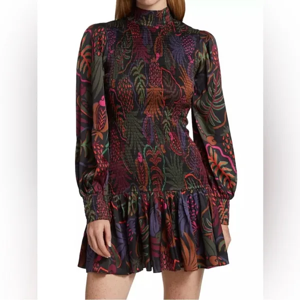 FARM Rio Frutis Dress Smocked Long Blouson Sleeve Drop Waist Multi Color Size XS - Image 12
