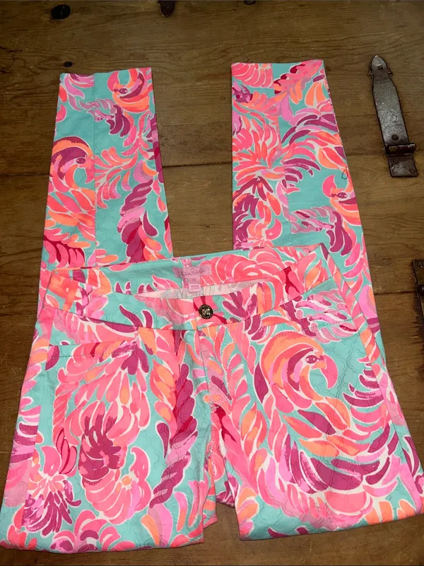 Lilly Pulitzer Floral Print Straight Leg Pants Pink Aqua Size 00 - Image 6