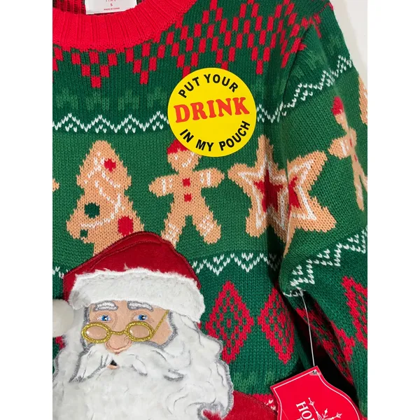 Holiday Time Ugly Unisex Christmas Santa Sweater Pocket House‎ Red/Green Sz S - Image 13