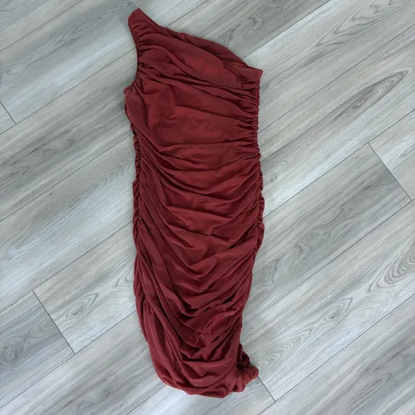 PRETTYGARDEN Women One Shoulder Ruched Mesh Midi Dress Rust Red Size S NWT - Image 3