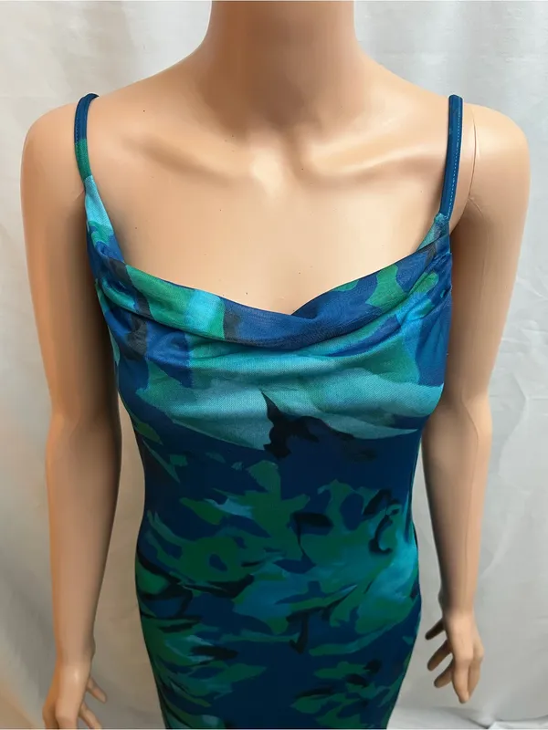 PrettyGarden Blue Green Floral Cowl Neck Maxi Dress Size Small - Image 2