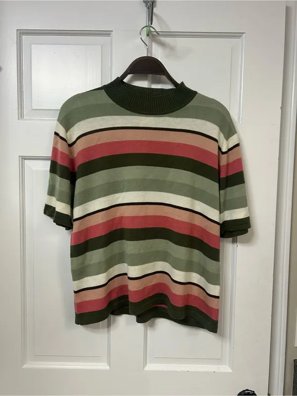 Striped Turtleneck Sweater in Olive, Coral & Cream - Image 4