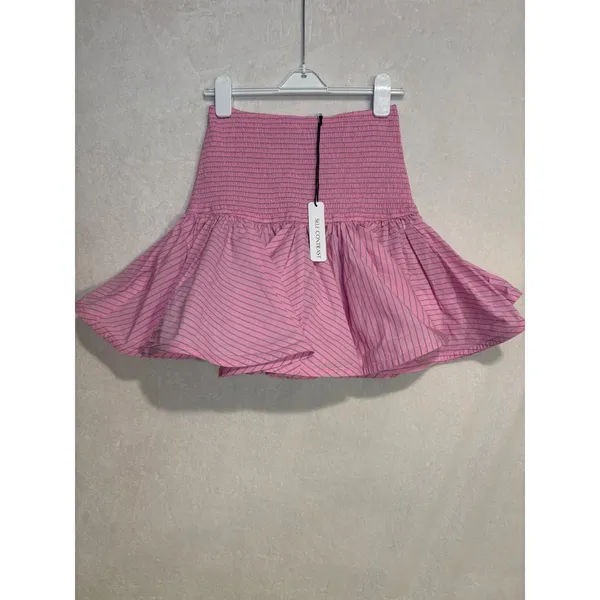 Self Contrast Pink Striped Smocked Ruffle Mini Skirt 100%‎ cotton Barbiecore NEW - Image 2