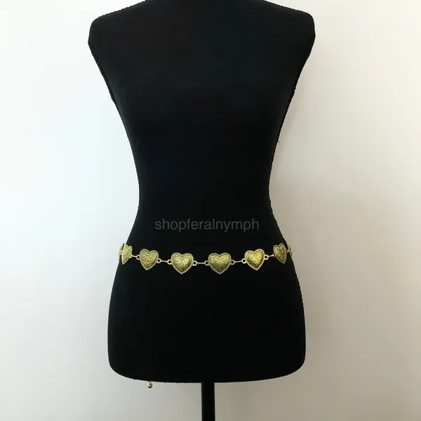 Vintage Y2K Boho Gold Textured Heart Chain Belt, Fits 22.5–40 Inches, X7GA1173 - Image 2